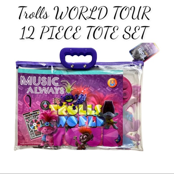 NWT Trolls WORLD TOUR 12 PIECE TOTE SET Tour Tote Set 12 Piece Zippered Case - Picture 1 of 9